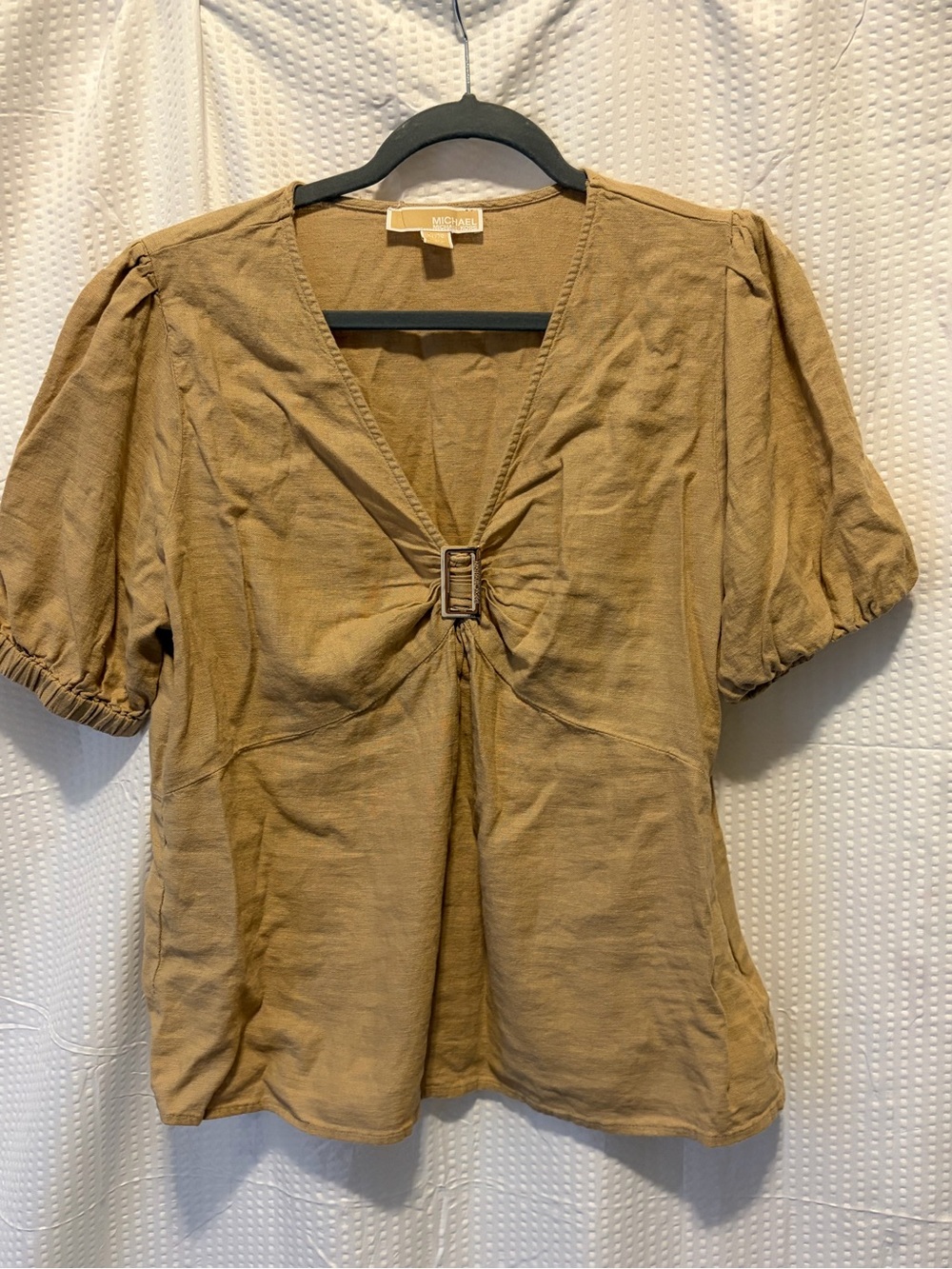 Michael Kors Tan Short-Sleeve V-Neck Top with Buckle Detail